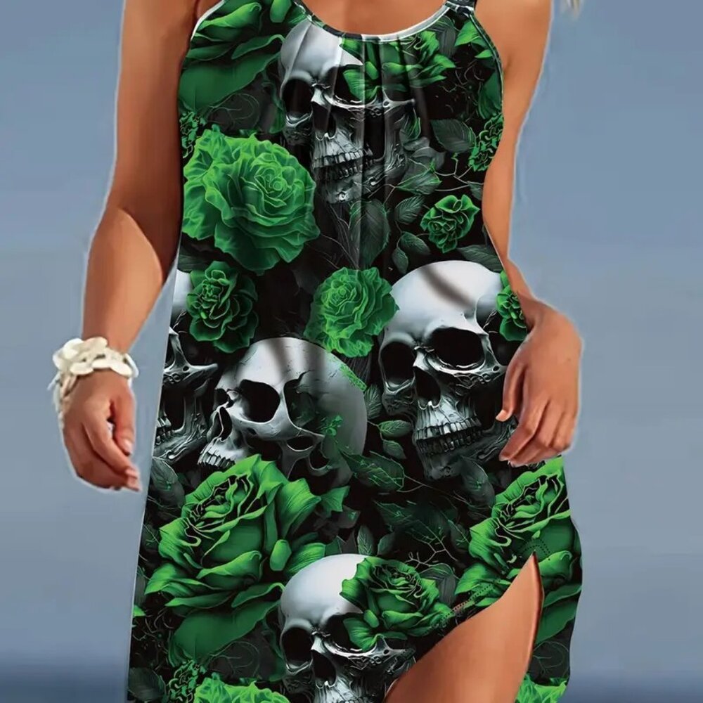 New Unique Skull & Floral Print Summer Dress XL